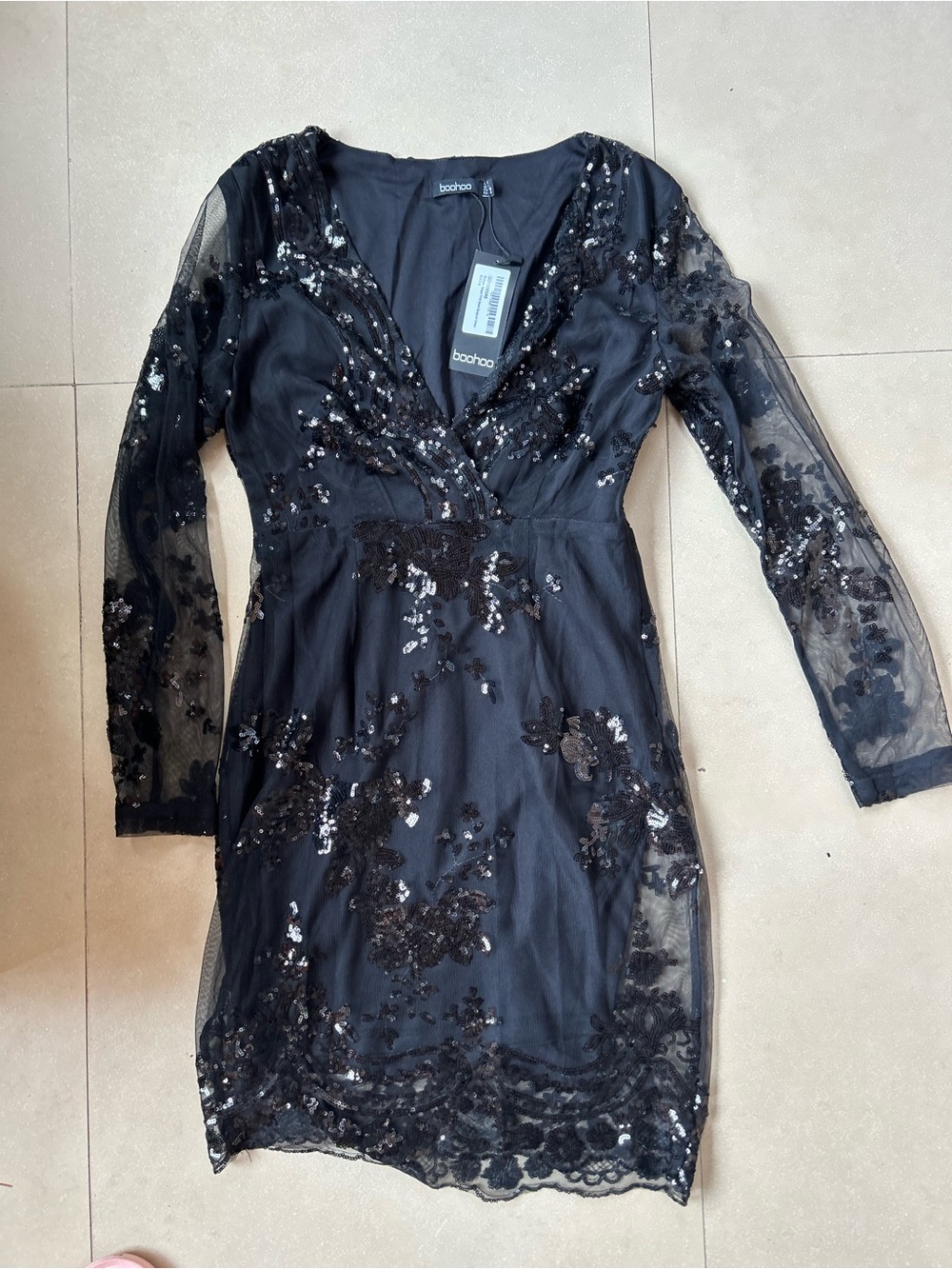 Boohoo Black Sequin Floral Lace Long Sleeve Dress
